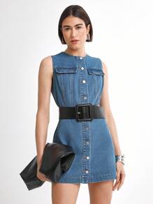 Daynim Women's Casual Single-Breasted Round Neck Sleeveless Denim Dress