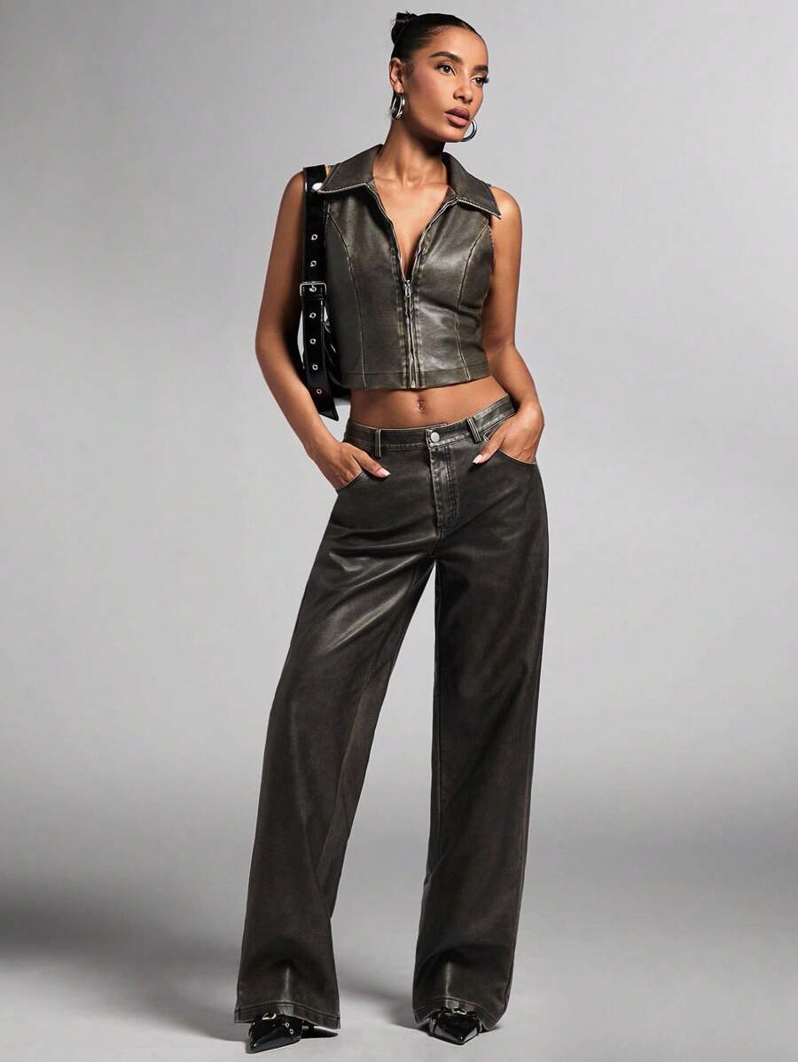 SHEIN BAE 女士黑色水洗做旧皮革PU休闲百搭时尚复古金属拉链装饰时尚女式上衣/外出上衣/复古风 - 黑色 - 查看 1