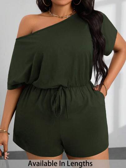 SHEIN PETITE CURVE 女式大码夏季休闲露肩短袖连体裤