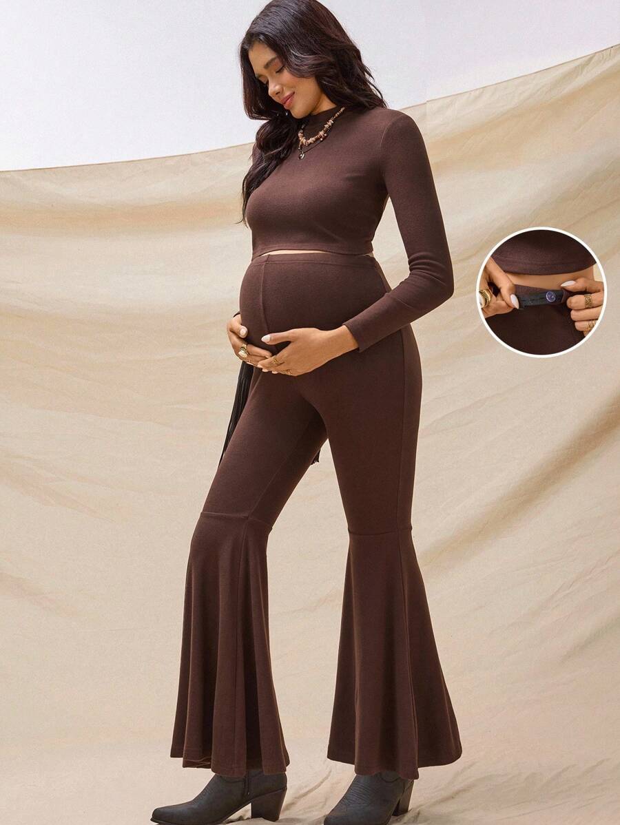Boho Mama 2pcs Maternity Set: Solid Color Round Neck Long Sleeve T-Shirt And Adjustable Waist Flare Pants  Fall Clothes Boho Maternity Fall Winter Clothes Bohemian - Brown - View 1