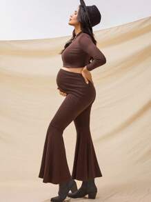 Boho Mama 2pcs Maternity Set: Solid Color Round Neck Long Sleeve T-Shirt And Adjustable Waist Flare Pants  Fall Clothes Boho Maternity Fall Winter Clothes Bohemian - Brown - View 4