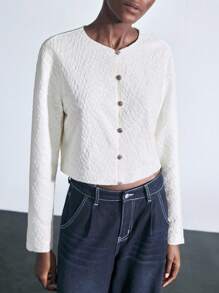 Maija White Elegant Tea Party Autumn Women's Apricot Knitted Textured Round Neck Long Sleeve Cardigan Jacket,Short Modern Urban Button Up Knit Fall Clothes - Apricot - View 7