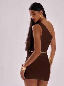 MUSERA 褶皱细节单肩无袖迷你连衣裙，浪漫伊比沙岛度假海滩夏季锐舞音乐会约会之夜生日冬日夜晚装扮 - 巧克力棕 - 查看 2