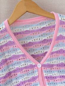 Tween Girls' Cute Colorblock Cardigan Pink Stripe,Autumn,Holiday,Back-To-School Wave Pattern Hollow-Knit Flared Sleeve Sheer Cropped Sweater Cover-Up - Multicolor - View 7