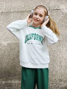 SHEIN Explorewe Tween Girl Casual Green And White Autumn Clothes Set,Letter Graphic V-Neck Ribbed Sweatshirt&Striped Wide Leg Jogger Pants 2pcs Back-To-School School - White - View 2