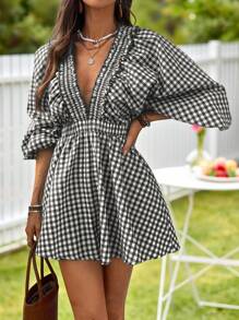 KARISMINA Women's Woven Plaid V-Neck Bubble Sleeve Romper,Vacation Outfits Woman,Women Casual Outfit Vacation,Summer Romper For Vacation ,Cute Summer Romper - Black and White - View 3