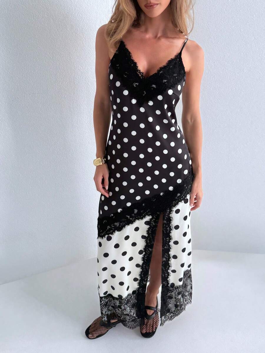 AiiRZ Polka Dot Maxi Dress Lace Trim Asymmetrical Split Evening Special  Occasion Party Spaghetti Strap V-Neck Summer Spring Wedding GuestMISSGUIDED