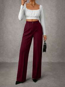 EURMUSE Women's Solid Pleated Seam Detailed Suit Pants - Burgundy - View 4
