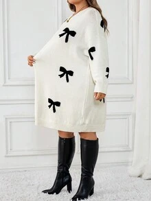 SHEIN CURVE+ 女士蝴蝶结图案圆领落肩长袖休闲毛衣裙，秋冬蝴蝶结连衣裙套头连衣裙蝴蝶结连衣裙/秋冬 - 黑與白 - 查看 5