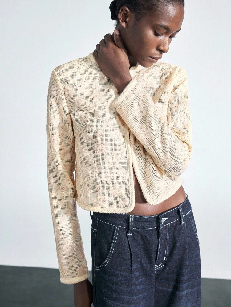 SHEIN Maija Women's Apricot Sequin Embroidered Round Neck Drop Shoulder Long Sleeve Front Open Cardigan, Versatile Fashion Essential For All Seasons, Elegant Business Casual Office Wear, Low-Key Vintage Vibe, High-End Urban Commuter Style, Suitable For Social, Vacation, Party Occasions Cardigans Fall Clothes Fall Women Clothes Wedding Guest Dress Elegant Modern Vacation Nomadic Casual Fashion All-Match Women's Country Concert Clothing Western Style