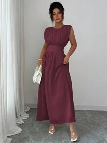 Elenzga Váy Maxi Chiffon Thanh Lịch Thường Ngày Cho Nữ Có Eo Xếp Ly, Dáng Chữ A, Thích Hợp Đi Làm, Đi Nghỉ, Tiệc Trà Chiều, Tiệc Tùng, Màu Trơn, Xuân/Hè - Màu Tím - Xem 5