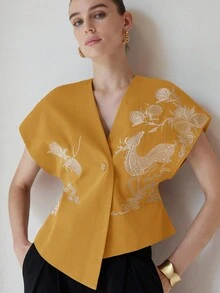 Aveloria Modichic Embroidered Design, 3D Effect Vest Jacket - Yellow - View 5