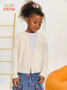 SHEIN Young Girls' Casual Knitted Mid-Length Cardigan, Girls Knit Cardigan, Girls Knitted Sweater,In Fall/Winter - Apricot - View 3