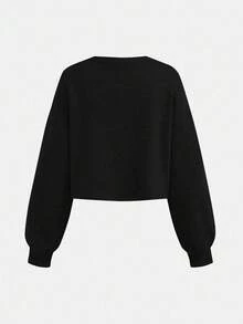 SHEIN Girlism 少女短款长袖黑色圆领卫衣，休闲简约风短款上衣，少女卫衣，宽松卫衣，短款卫衣，长袖卫衣，秋冬短款卫衣 - 黑色 - 查看 2