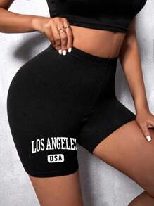 SHEIN Unity 字母圖案彈性腰帶騎行褲 - 黑色 - 查看 8