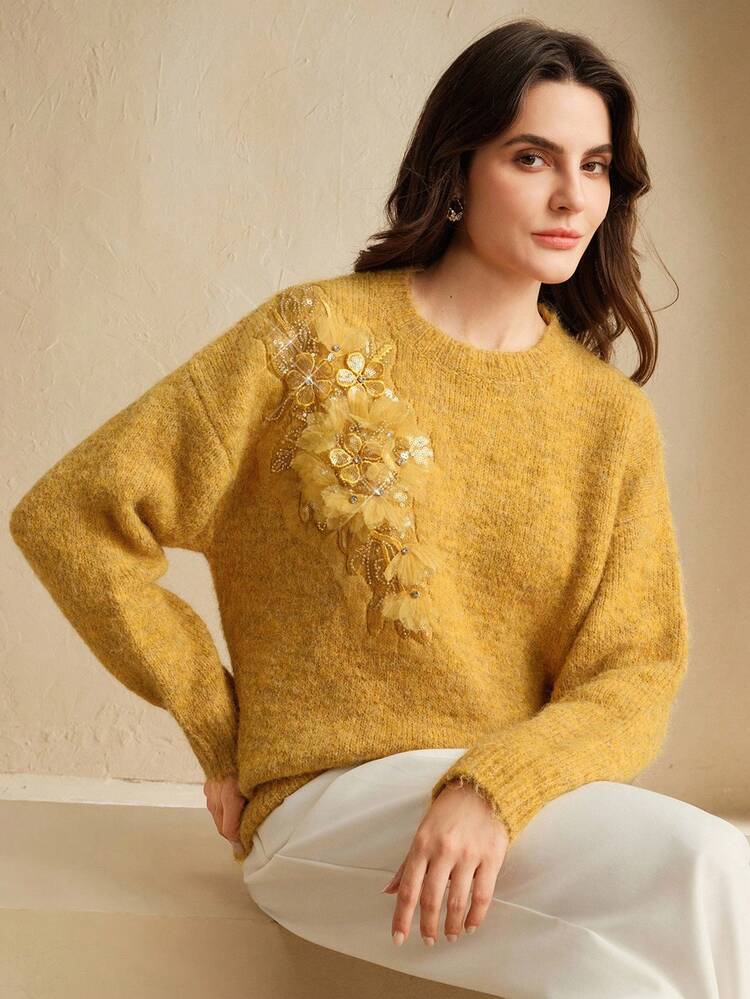 Elegant Solid Color Knitted High-Density Sequin 3D Floral Casual Crew Neck Women Knit Pullover, Suitable For Autumn, Winter, Going Out, Formal, Party, Fashionable, New Year, Christmas, Work, Graduation, Wedding