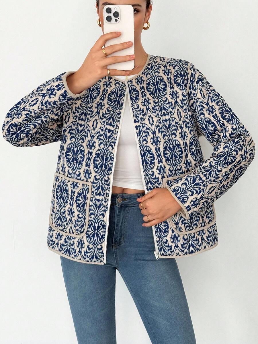 SHEIN Tall Women's Floral Print Long Sleeve Zip Front Casual Winter Jacket Printed Jacket Blue Jacket - Blue and White - View 1