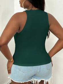SHEIN PETITE CURVE Plus Size Casual Basic Fitted White Round Neck Off-Shoulder Tank Top - Dark Green - View 2
