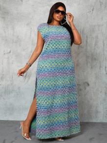 Slaydiva Plus Size Cowgirl Outfit Colorful Non-Stretch Sexy Fashion High Slit Dress, Rodeo Outfits For Women Old Money Elegant Outfit Iridescent Maxi Dress Autumn