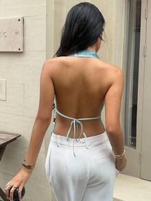 Serisse 夏季新款女式亮片刺绣露背吊带背心 - 藍色 - 查看 2