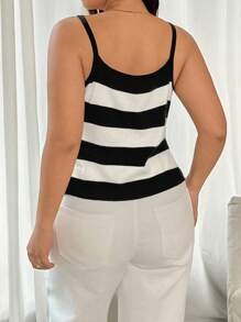 Vionelle 大码女式条纹针织吊带背心，时尚分层单品 - 黑與白 - 查看 2