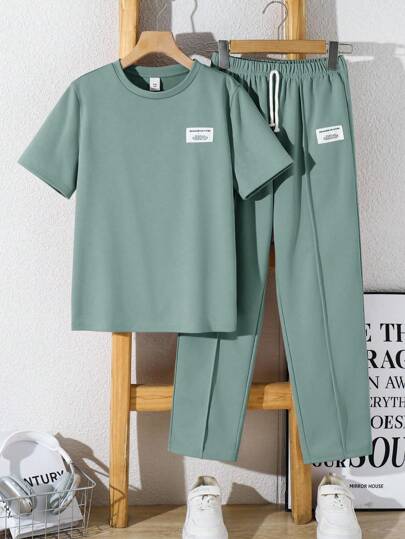 2-Pack Tween Boy Casual Sports College Art Retro With Chapter Decoration Round Neck Khaki T-Shirt And Trousers Set Suitable For Kids Outfits Toddler Boy Clothes Back To School Boys Set Suitable For Birthday Parties, Evening Parties, Performances, Weddings, Baptisms, Opening Ceremonies Daily Suitable For Daily Use Suitable For School Suitable For Travel Suitable For Sports Suitable For Spring And Summer Seasons Mother's Day/Mommy&Me