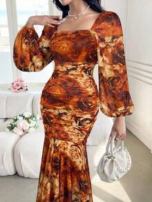 Modelyn Women's Elegant Floral Print Lantern Sleeve Fishtail Dress