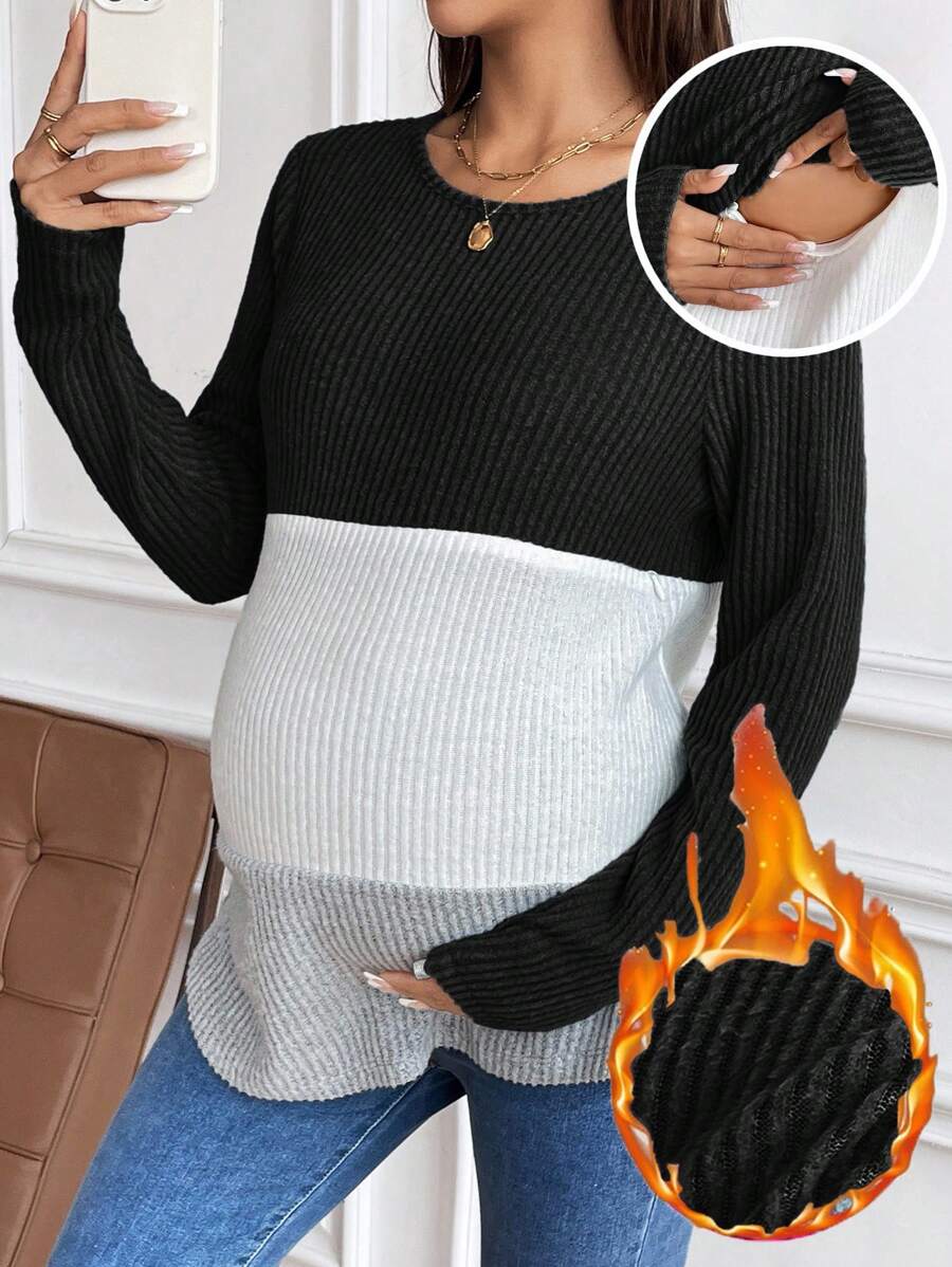 SHEIN 孕妇哺乳T恤,适合日常休闲穿着,秋季 - 黑色 - 查看 1