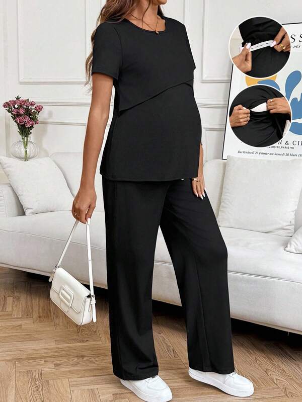 SHEIN 2pcs/Set Solid Color Round Neck Short Sleeve Top And Pants Nursing Suit For Maternity