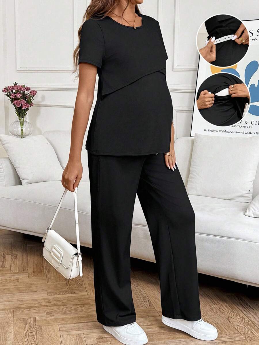 SHEIN 2pcs/Set Solid Color Round Neck Short Sleeve Top And Pants Nursing Suit For Maternity - Black - View 1