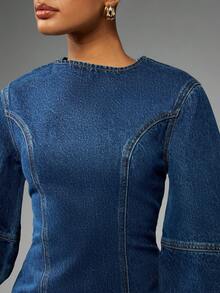 MISSGUIDED Denim Mini Dress Long Balloon Sleeves Fitted Waist Structured Silhouette Vintage Style Perfect Fall Winter Outfit Street Fashion Statement Piece - Blue - View 4