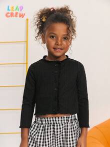 SHEIN Young Girl Casual Everyday Knit Collar Ruffle Trim White Fitted Long Sleeve Cardigan,In Fall/Winter - Black - View 1