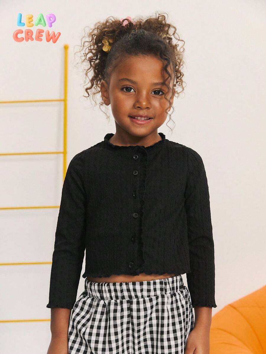 SHEIN Young Girl Casual Everyday Knit Collar Ruffle Trim White Fitted Long Sleeve Cardigan,In Fall/Winter - Black - View 1