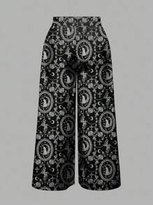 ROMWE Goth 哥特式黑暗猫十字月宫奢华黑暗恐怖浪漫藤蔓印花黑色加大码裤子，万圣节