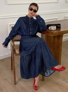 DAZY 女士荷叶边上衣和宽松牛仔长裙套装 - 藍色 - 查看 4