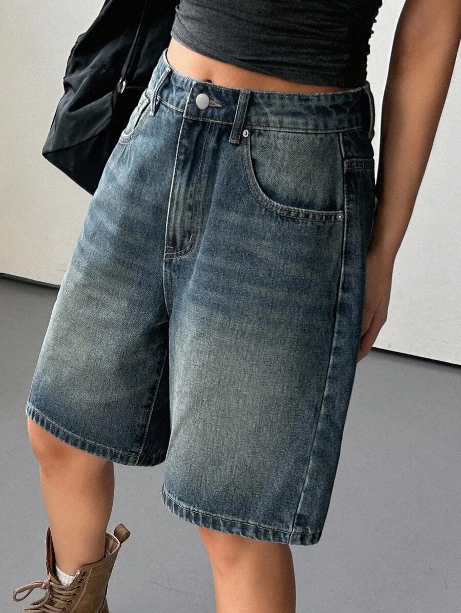 Dazy Star 實色牛仔短褲,帶有口袋 - 中等水洗藍 - 查看 1