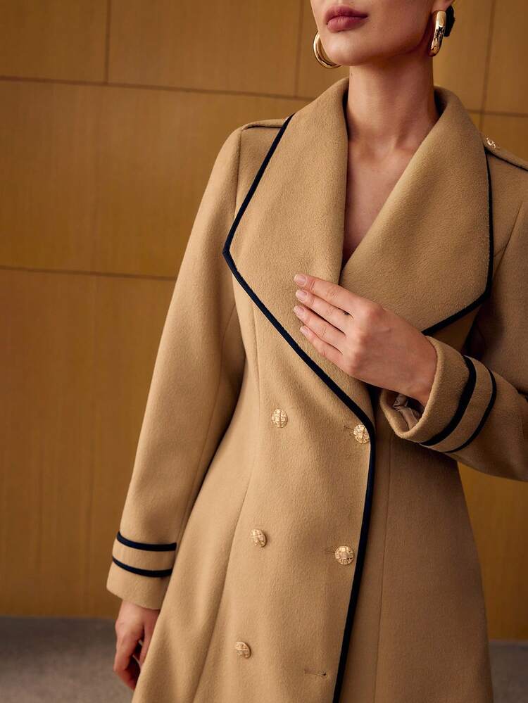 WATERFALL COLLARED CONTRAST BINDING TRIM OVERCOAT , MINIMALIST & ELEGANT