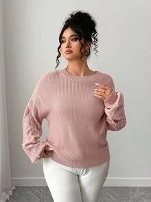 Elenzga Plus Size Women's Beaded Crew Neck Sweater Winter Fall Autumn - Pink - View 1