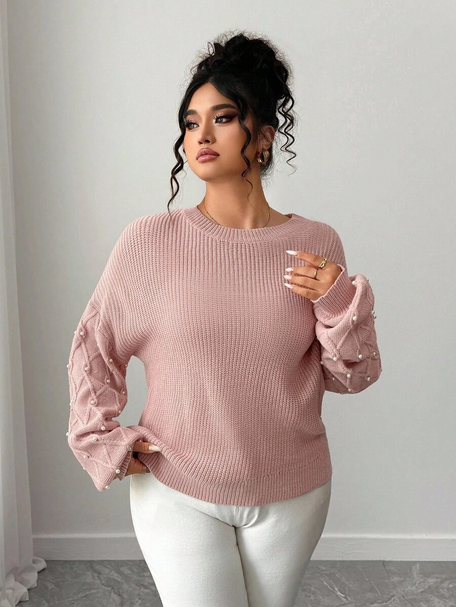 Elenzga Plus Size Women's Beaded Crew Neck Sweater Winter Fall Autumn - Pink - View 1