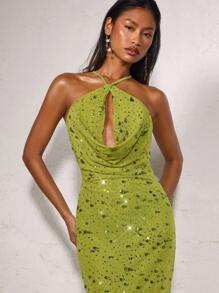 SHEIN BAE 夏季女式露背交叉深摆领修身露背鱼尾长裙、晚礼服、夜总会礼服、派对礼服、夏季连衣裙、女士度假装、女士沙滩装、乡村音乐会装 - 綠色 - 查看 5