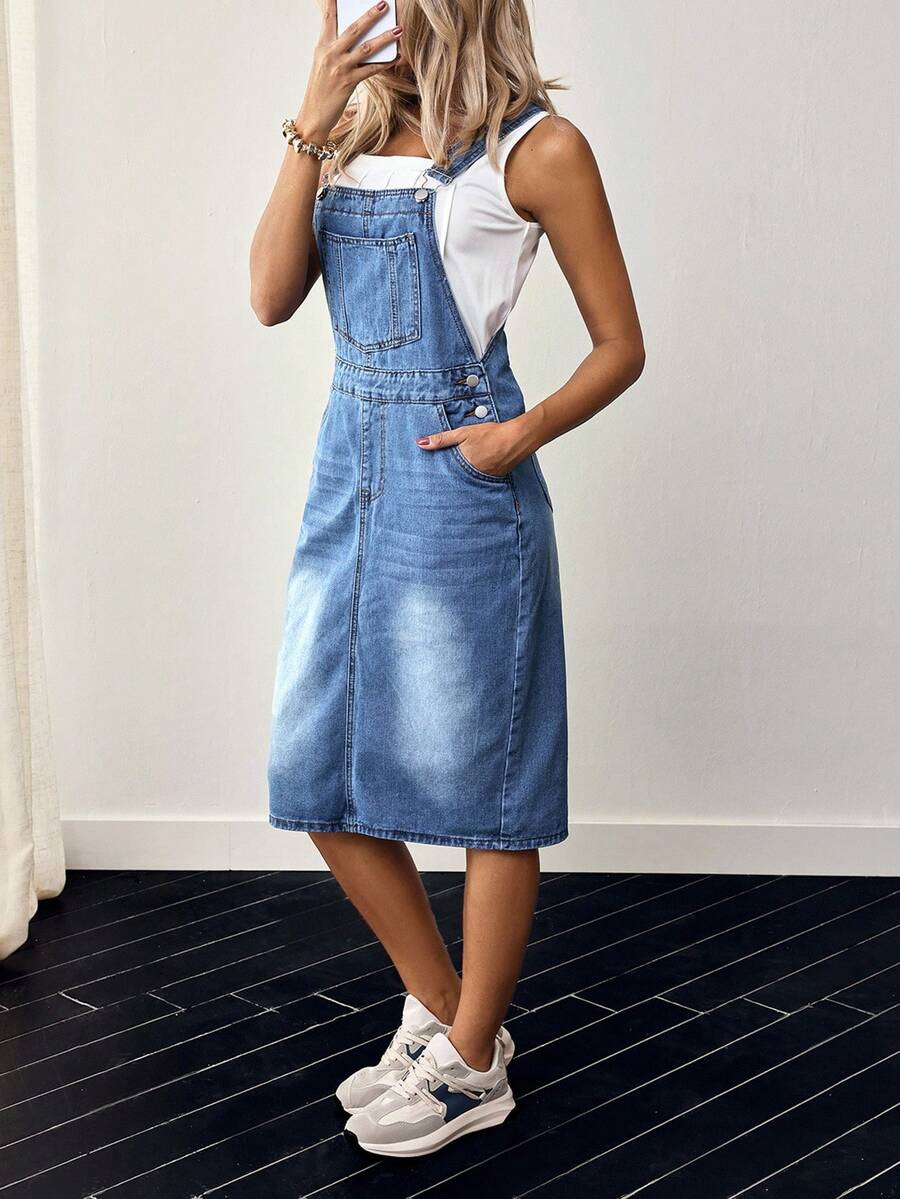 EMERY ROSE Slant Pocket Split Back Denim Overall Dress Without Tee