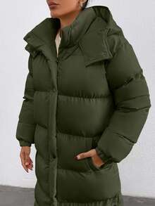 EURMUSE Keep Warm Feature, Maxi Lenght, Side Popper Detailed Puffer Winter Coat - Army Green - View 5