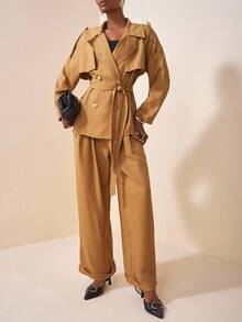 Zivah 2025春秋新款优雅通勤休闲派对宽松纯色卡其色长袖翻领系带金属扣装饰薄外套和阔腿长裤有口袋女装2件套