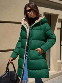 EURMUSE Women's Two-Tone Hooded Pocket Zip-Up Mid-Length Winter Jacket - Green - View 6