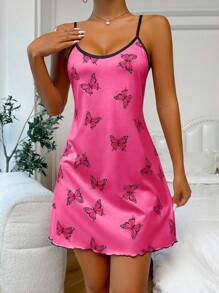 SHEIN Casual Underwear&Sleepwear 休闲蝴蝶印花吊带睡袍，夏季 - 玫瑰紅 - 查看 5