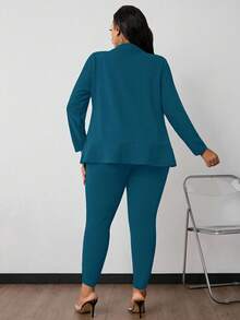 SHEIN PETITE CURVE Bộ đồ công sở 2 món màu trơn tay 3/4 cho nữ cỡ lớn và quần, trang phục công sở thường ngày cho nữ - Màu xanh ngọc - Xem 2