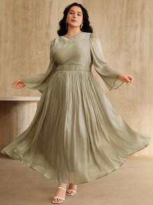 Anewsta Plus Size Women Long Sleeve Dress, Elegant & Versatile For Commuting, Spring/Autumn - Lime Green - View 6