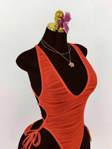 Amplova 深V领露背交叉蝴蝶结纹理紧身衣