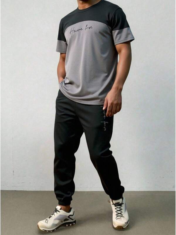 SHEIN 青少年男孩休闲街头口号图案印花撞色圆领短袖 T 恤和裤子套装，适合通勤、上学、日常休闲、度假、运动、派对、春夏季