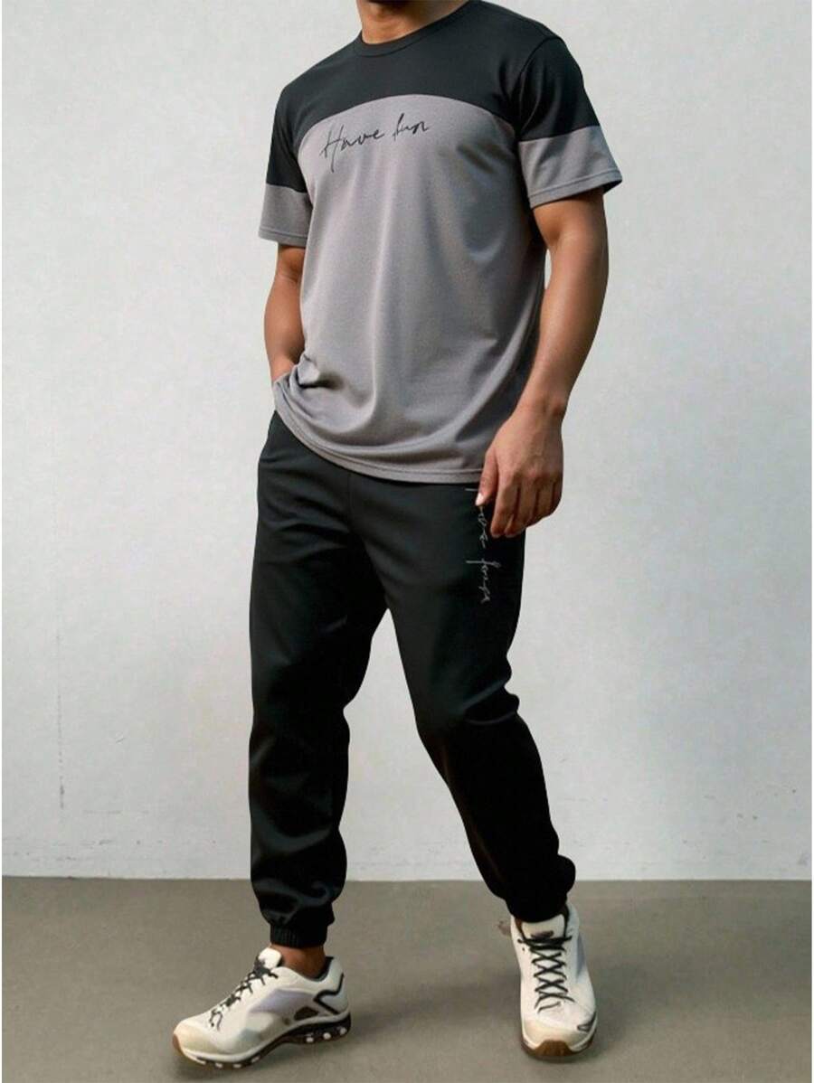 SHEIN 青少年男孩休闲街头口号图案印花撞色圆领短袖 T 恤和裤子套装,适合通勤、上学、日常休闲、度假、运动、派对、春夏季 - 彩色 - 查看 1